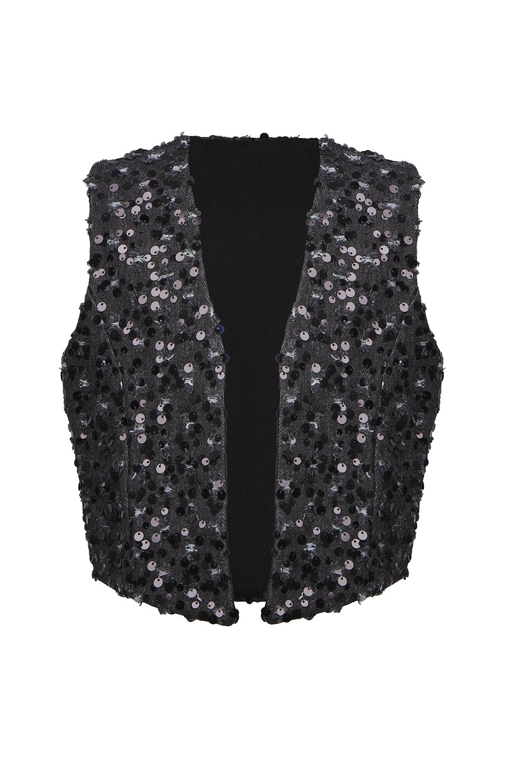 Shiny sequined black denim vest