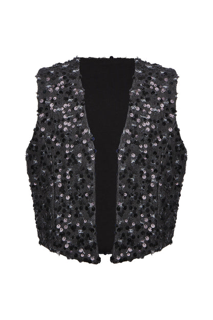 Shiny sequined black denim vest