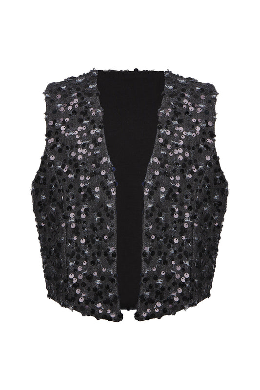 Shiny sequined black denim vest